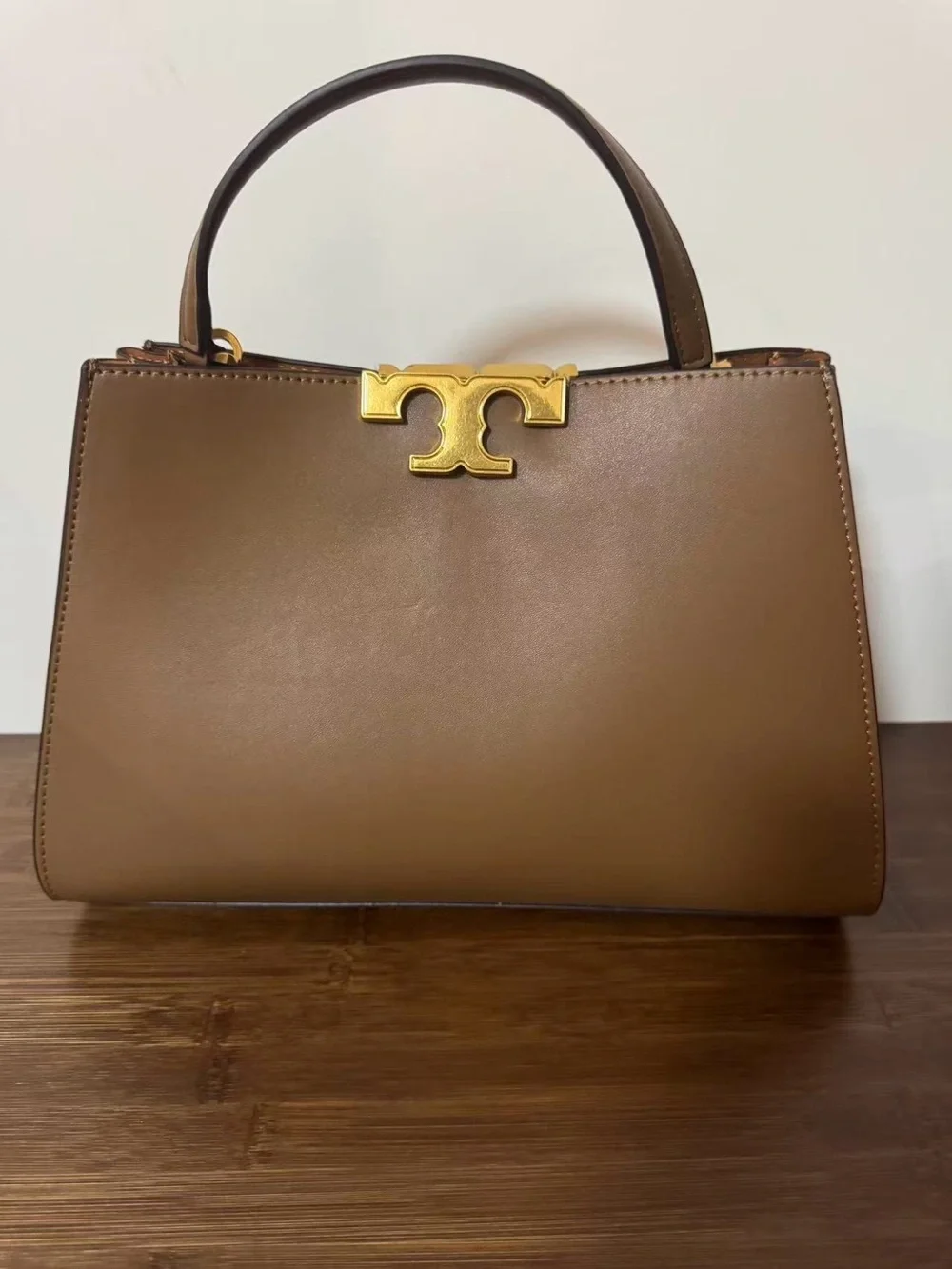 Tory Burch Brown Leather Top-Handle Shoulder Bag with Gold Logo Hardware